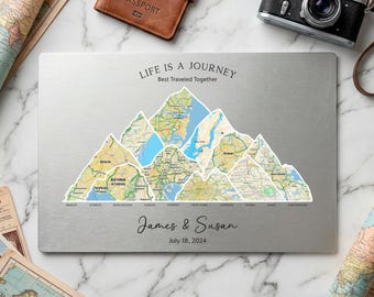 Personalized Mountain Travel Aluminum Location Map: 10th Anniversary gift