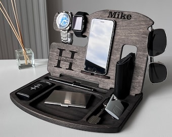 Mens Birthday Gift, Personalized Docking Station for Men, Tech Accessories Gift for Boyfriend & Husband, Tech Lover Wood Gift Box for Men