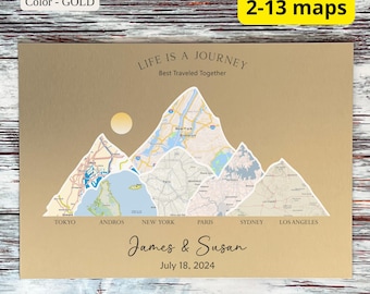 Adventure Map Travel Gift for Couples Wedding Mountain Map Coordinates Art Location Groom Present Landscape Map Print Gold Anniversary