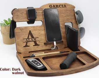 Personalized Gift, dock station, Mens Desk organizer, Phone desk organizer, Wood phone holder Men, Gift desk organizer