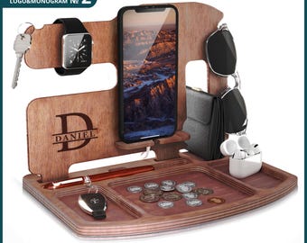 Mens birthday gift, Perfect Christmas Gift, Personalized Docking Station, Wood Valet Tray Box Gift for Dad Husband Tech accessories