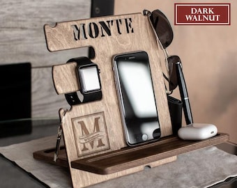 Personalized Men's Docking Station | Wood Desk Organizer Phone Charger Stand | Christmas Gift for Him Boyfriend Anniversary