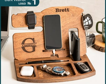 Personalized Mens Valet Tray: Wood Docking Station, Nightstand Organizer - Christmas Gift