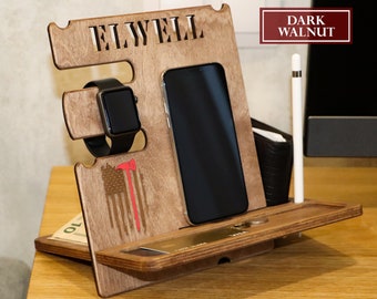 Personalized Firefighter docking station, fireman gift idea, Thin Red Line Axe Flag, firefighter iPhone stand Fireman gift for him