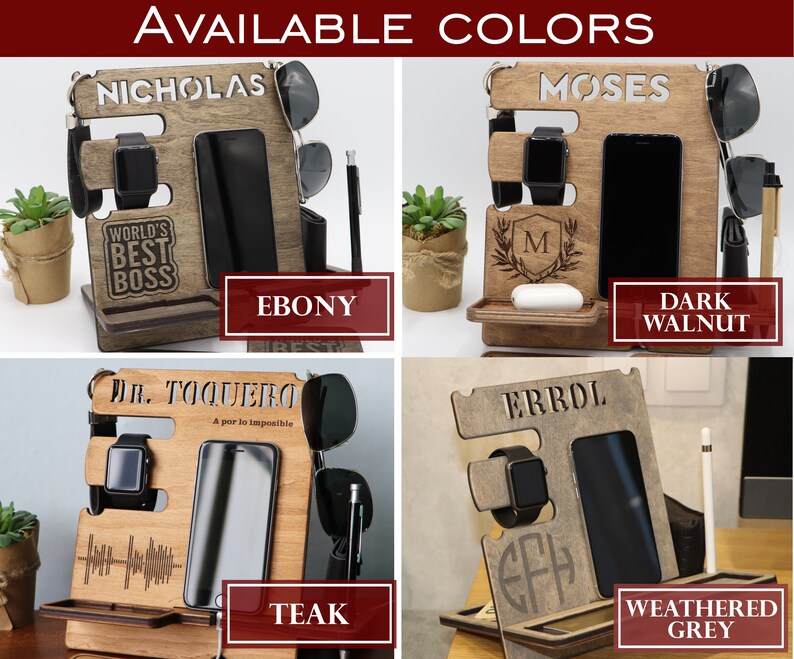 May include: Four wooden phone stands with different wood finishes: Ebony, Dark Walnut, Teak, and Weathered Grey. Each stand features a personalized name, a space for a phone, a watch, and other accessories. The stands are ideal for organizing a desk or nightstand.