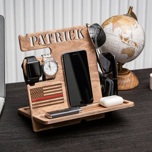 Personalized Gift for Firefighter, Thin Red Line Flag, Wood Docking Station, Desk Organizer, Custom Fireman Gift, Fire Academy, Phone Stand