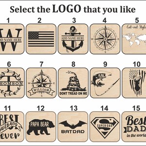 May include: A grid of 15 wooden coasters with different designs. The coasters feature various images, including a compass, a snake, a fishing rod, a deer, a bear, a bat, a superhero, and a heart. The coasters are numbered 1 through 15.
