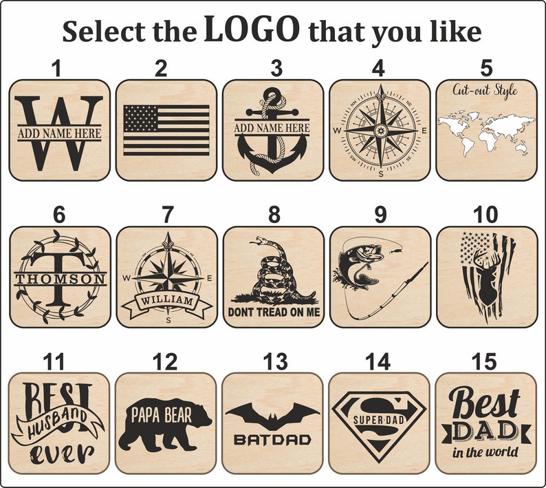 May include: A grid of 15 wooden coasters with different designs. The coasters feature various images, including a compass, a snake, a fishing rod, a deer, a bear, a bat, a superhero, and a heart. The coasters are numbered 1 through 15.