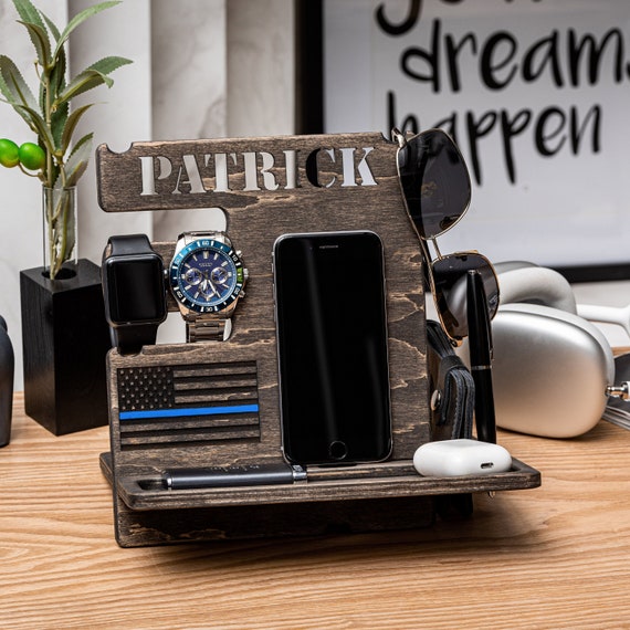 Personalized Wood Docking Station: Thin Blue Line Police Officer Christmas Gift