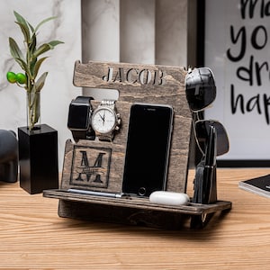 Gift for men personalized, Gift Idea For Men, Office Desk Organiser, Wooden Gifts for Him, Phone desk organizer, Mens birthday gift