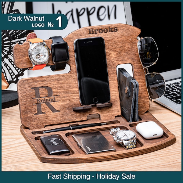 Personalisiertes Weihnachtsgeschenk. Dockingstation aus Holz: Organizer für technisches Zubehör