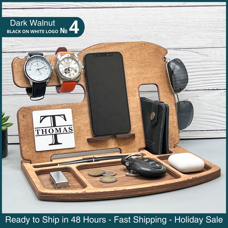 Mens birthday gift, Valentines box Gift for Men, Personalized Docking Station, Wood Valet Tray Box Gift for Dad Husband Tech accessories image 1