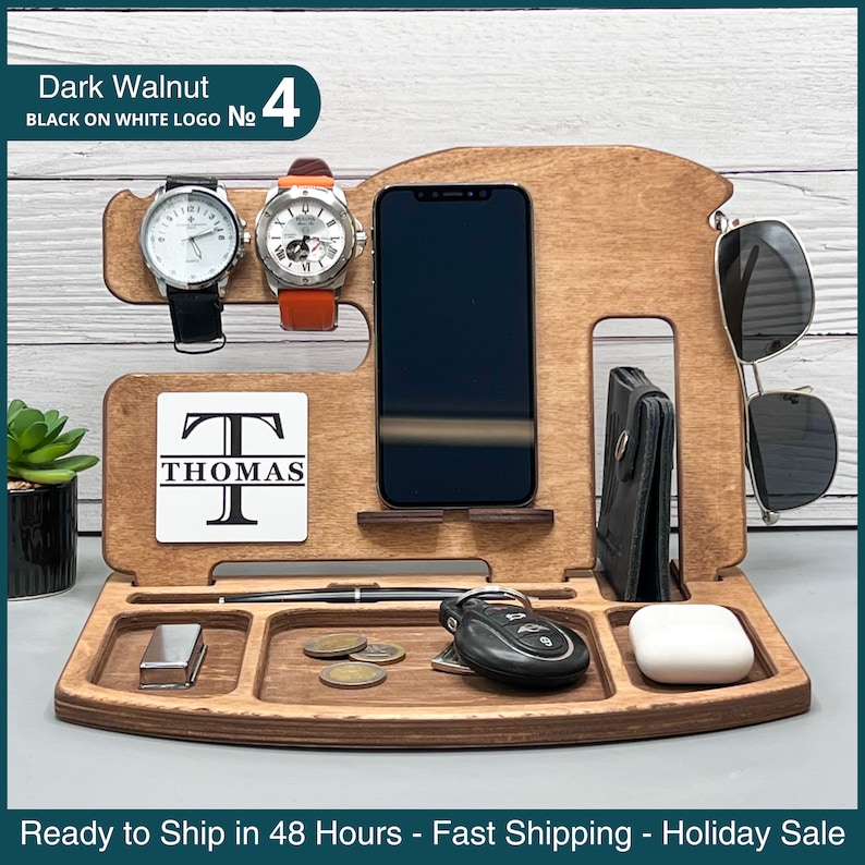 Mens birthday gift, Valentines box Gift for Men, Personalized Docking Station, Wood Valet Tray Box Gift for Dad Husband Tech accessories image 3