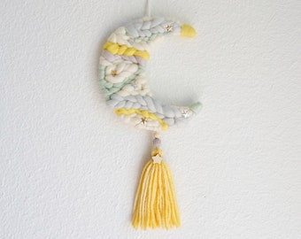 Ready to ship fiber art weaving wall hanging for nursery kids space celestial bedroom. Crescent moon woven wall charm