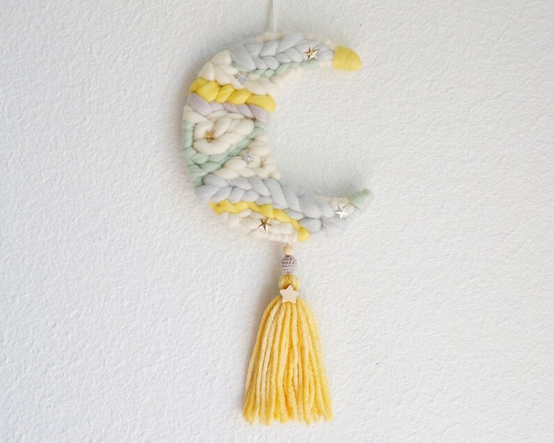 Ready to ship fiber art weaving wall hanging for nursery kids space celestial bedroom. Crescent moon woven wall charm
