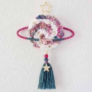 Ready to ship fiber art weaving wall hanging for nursery kids space celestial bedroom. Crescent moon woven wall charm