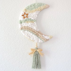 Ready to ship fiber art weaving wall hanging for nursery kids space celestial bedroom. Crescent moon woven wall charm