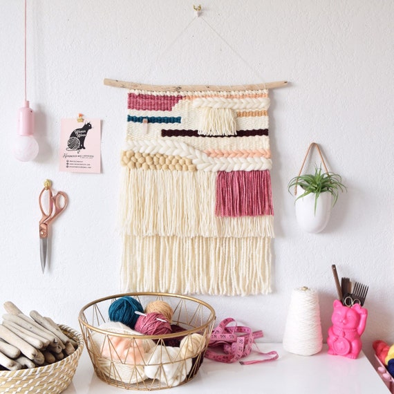 Neutral Boho Blush Wall Hanging On Driftwood Jewel Tone Color Accents With Crystal Quartz Stone Made To Order Weaving