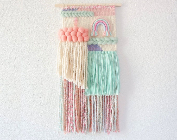 Rainbow woven wall hanging with rain cloud for nursery decor. Handwoven modern boho kids decor. Pink