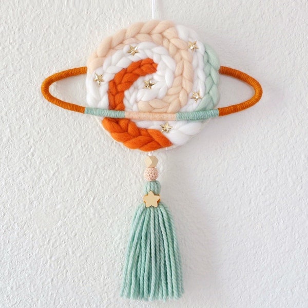 Planet Saturn woven wall charm. Ready to ship fiber art weaving wall hanging for nursery kids space celestial bedroom.