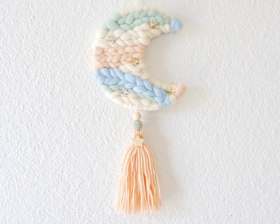Ready to ship fiber art weaving wall hanging for nursery kids space celestial bedroom. Crescent moon woven wall charm