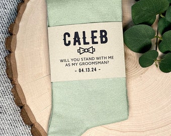 Personalized Dusty Sage Groomsmen Socks with Custom Sock Labels, Solid Dusty Sage Green Wedding Socks, Men's Dress Socks Gift Sized 8-13