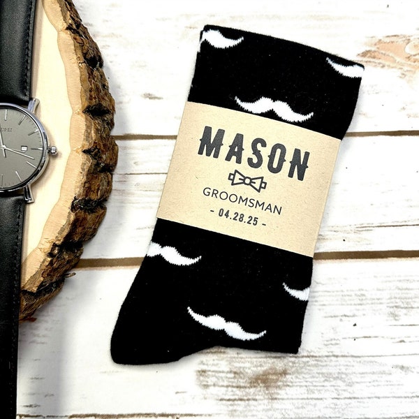 Personalized Mustache Socks with Custom Sock Labels, Black Socks with White Mustache Groomsmen Socks, Fun Wedding Socks as Groomsmen Gift