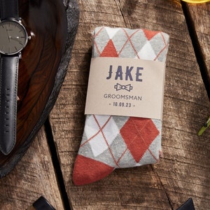 Personalized Burnt Orange Groomsmen Socks with Custom Labels, Rust Orange Argyle Groomsmen Gift, Terracotta Wedding Socks for Groomsman