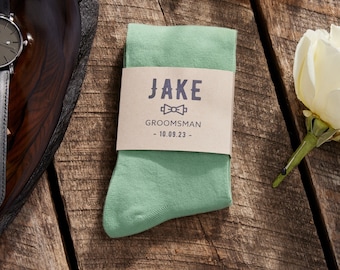 Personalized Sage Groomsmen Socks with Custom Sock Labels, Solid Sage Wedding Socks, Eucalyptus Men's Dress Socks Sized 8-13