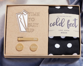Wedding Day Box for Groom, Sock Gift for Groom from Bride, Personalized Cufflinks and Tie Clip Groom Gift, No Cold Feet Socks Gift for Groom