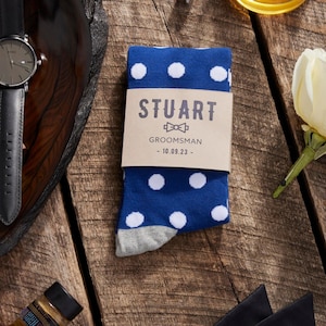 Personalized Groomsmen Navy Socks with Custom Labels, Navy Socks with White Polka Dots Groomsmen Gift, Wedding Socks for Groomsman and Groom