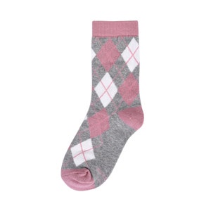May include: A single gray sock with a pink argyle pattern and a pink cuff and toe. The argyle pattern includes white and pink diamond shapes. The sock is displayed against a white background.