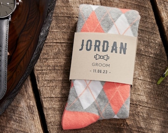 Personalized Coral Groomsmen Socks, Coral Argyle Socks, Apricot Dress Socks for Wedding Socks for Groom Best Man and Groomsman Gifts