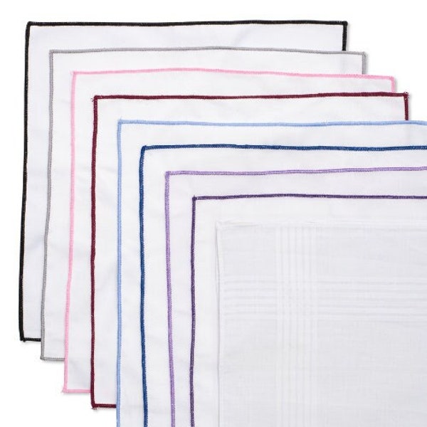 White Cotton Pocket Squares with Colored Trim for Wedding Day, Handkerchiefs for Groom, Groomsmen Handkerchiefs