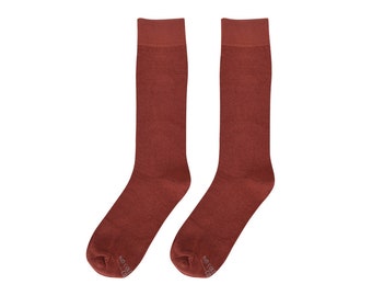 Burnt Orange Mens Dress Socks, Solid Terracotta Groomsmen Socks with Personalized Sock Labels  for Wedding, Cinnamon Dress Socks Sized 8-13