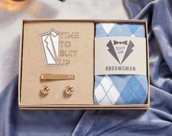 Personalized Groomsmen Gift Box Time To Suit Up Groomsmen Box Set, Groomsmen Socks, Engraved Cufflinks and Tie Clip, Groomsmen Proposal Gift