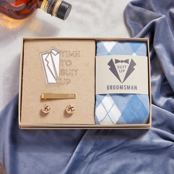 Personalized Groomsmen Gift Box Time To Suit Up Groomsmen Box Set, Groomsmen Socks, Engraved Cufflinks and Tie Clip, Groomsmen Proposal Gift