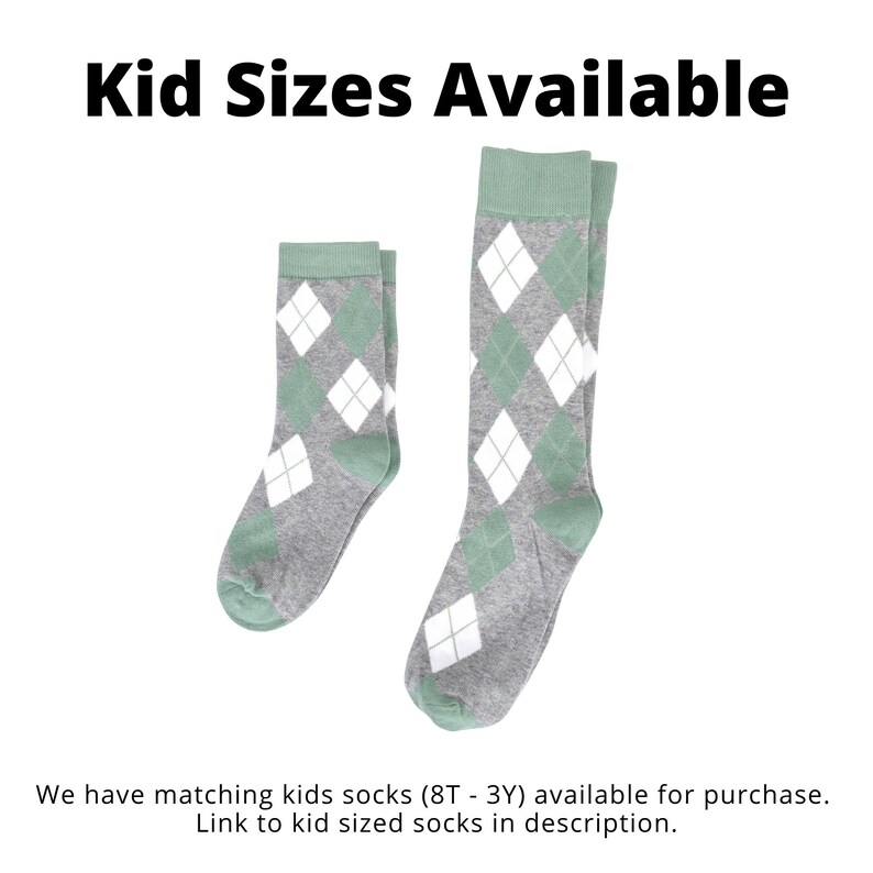 Kid Sizes available in Sage Green Argyle. We have matching kids socks (8T - 3Y) available for purchase for junior groomsmen or ring bearers. Link to kids size socks in description.