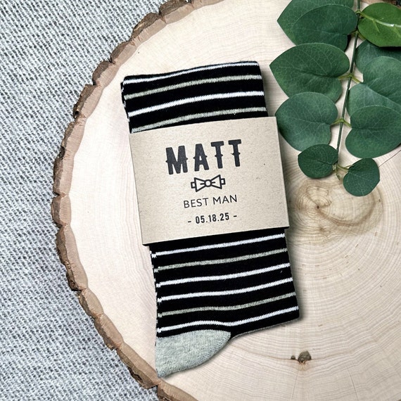 Personalized Black and White Striped Groomsmen Socks with Custom Sock Labels, Black and White Wedding Socks, Men's Dress Socks Sized 8-13