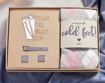 Groom Gift Box from Bride on Wedding Day, Personalized Cufflinks and Tie Clip Groom Gift, No Cold Feet Socks Gift for Groom, Gift from Bride