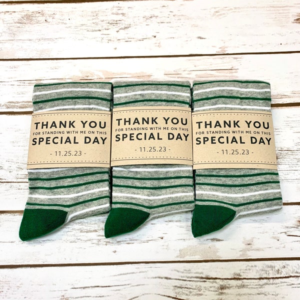 Personalized Groomsmen Green Socks with Custom Labels, Green Striped Socks Groomsmen Gift, Fun Wedding Socks for Groomsman and Groom