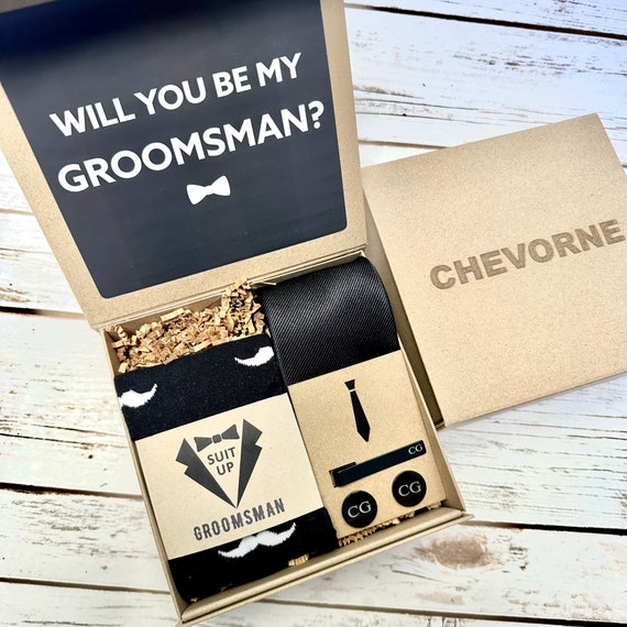 Personalized Groomsmen Gift Box, Time to Suit up Groomsmen Proposal Box,  Will You Be My Groomsmen Socks Tie Cufflink Tie Clip Groomsmen Gift 