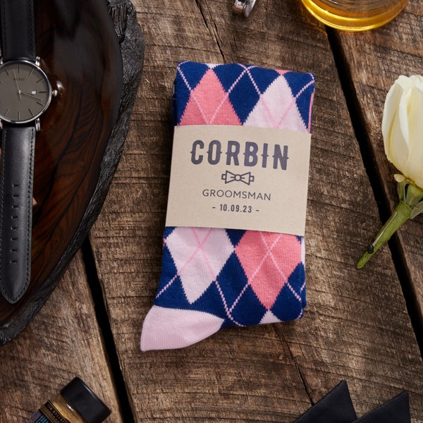 Personalized Groomsmen Navy Pink Socks with Custom Labels, Navy and Blush Argyle Groomsmen Gift, Navy Blush Pink Wedding Socks for Groomsman