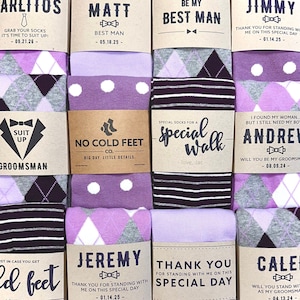 Lilac Purple Groomsmen Socks For Wedding, Purple Men&#39;s Dress Socks with Personalized Sock Labels, Custom Wedding Socks Groomsmen Gift Idea
