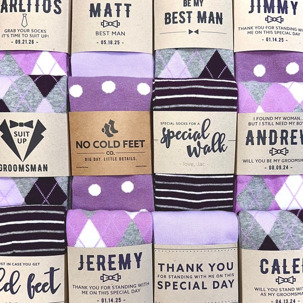 Lilac Purple Groomsmen Socks For Wedding, Purple Men's Dress Socks with Personalized Sock Labels, Custom Wedding Socks Groomsmen Gift Idea