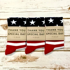 Personalized American Flag Groomsmen Socks with Custom Labels, USA Socks for Patriotic Wedding, Men's Dress Socks for Groomsman Sized 8-13