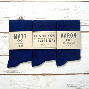 Personalized Navy Groomsmen Socks with Custom Sock Labels, Solid Navy Blue Wedding Socks, Blue Men&#39;s Dress Socks Sized 8-13