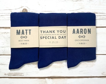 Personalized Navy Groomsmen Socks with Custom Sock Labels, Solid Navy Blue Wedding Socks, Blue Men&#39;s Dress Socks Sized 8-13