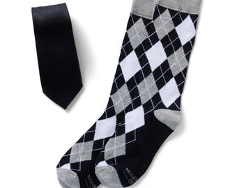 Black Silk Tie and Socks, Black and White Argyle Socks for Wedding, Luxury Black Groomsmen Tie and Socks Set, Groom Tie and Socks