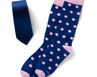 Ensemble cravate en soie bleu marine et chaussettes bleu marine, chaussettes personnalisées à pois roses marine pour mariage, cravate et chaussettes bleu marine, cravate garçon bleu marine